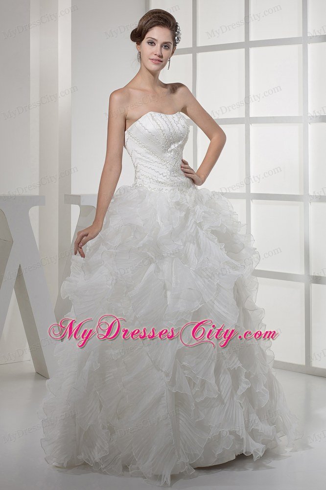 Strapless Ruffles Long A-line Wedding Dress with Beaded Bust