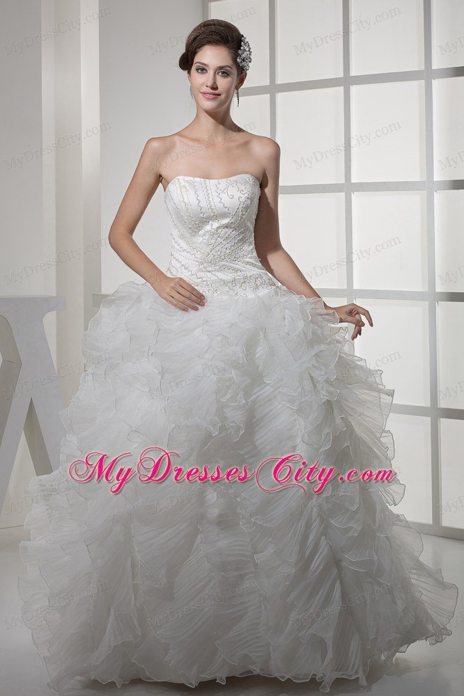 Strapless Ruffles Long A-line Wedding Dress with Beaded Bust