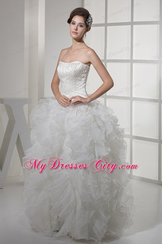 Strapless Ruffles Long A-line Wedding Dress with Beaded Bust