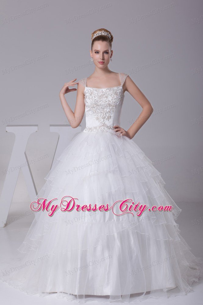 Embroidery Ball Gown Court Train Square Neck Wedding Dress