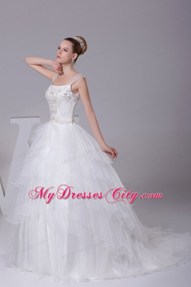 Embroidery Ball Gown Court Train Square Neck Wedding Dress