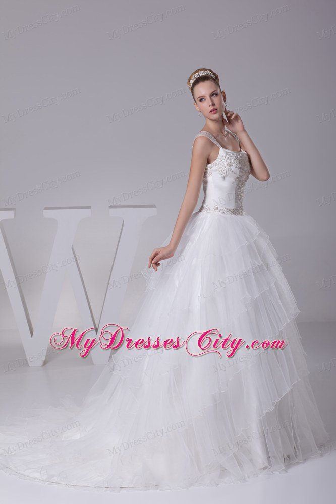 Embroidery Ball Gown Court Train Square Neck Wedding Dress