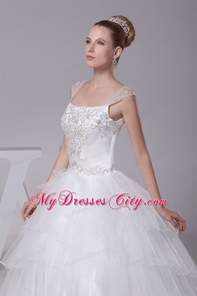 Embroidery Ball Gown Court Train Square Neck Wedding Dress