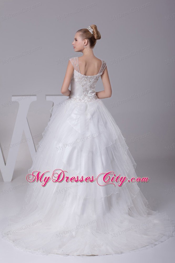 Embroidery Ball Gown Court Train Square Neck Wedding Dress