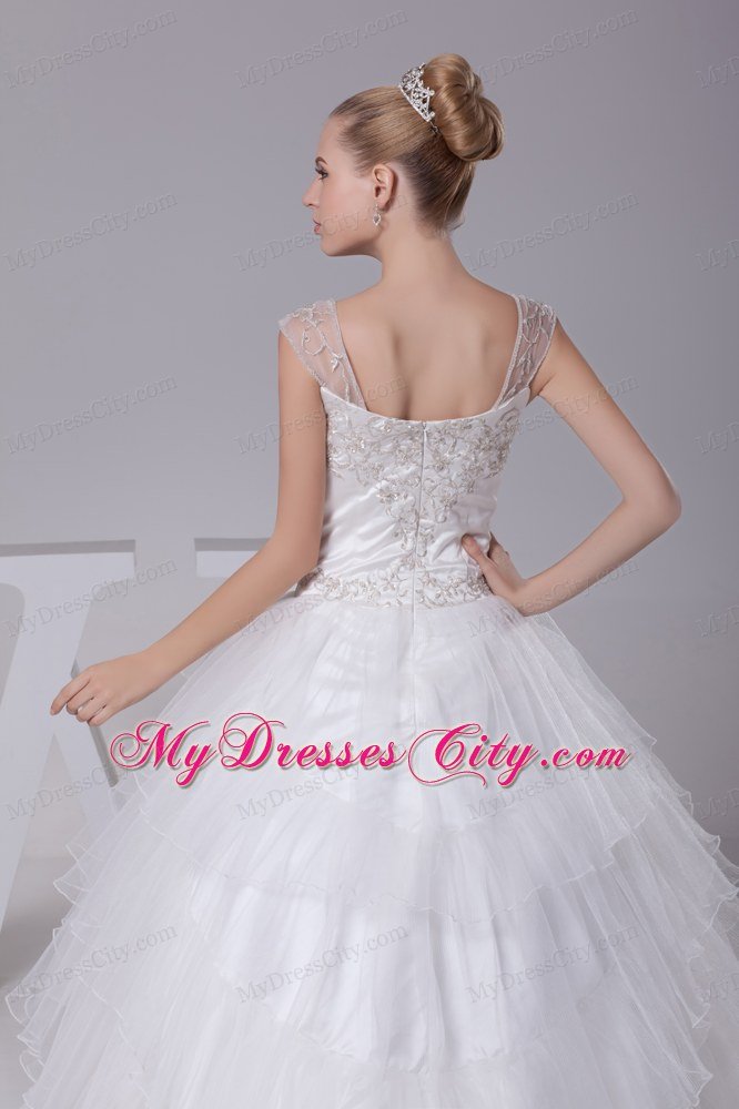 Embroidery Ball Gown Court Train Square Neck Wedding Dress