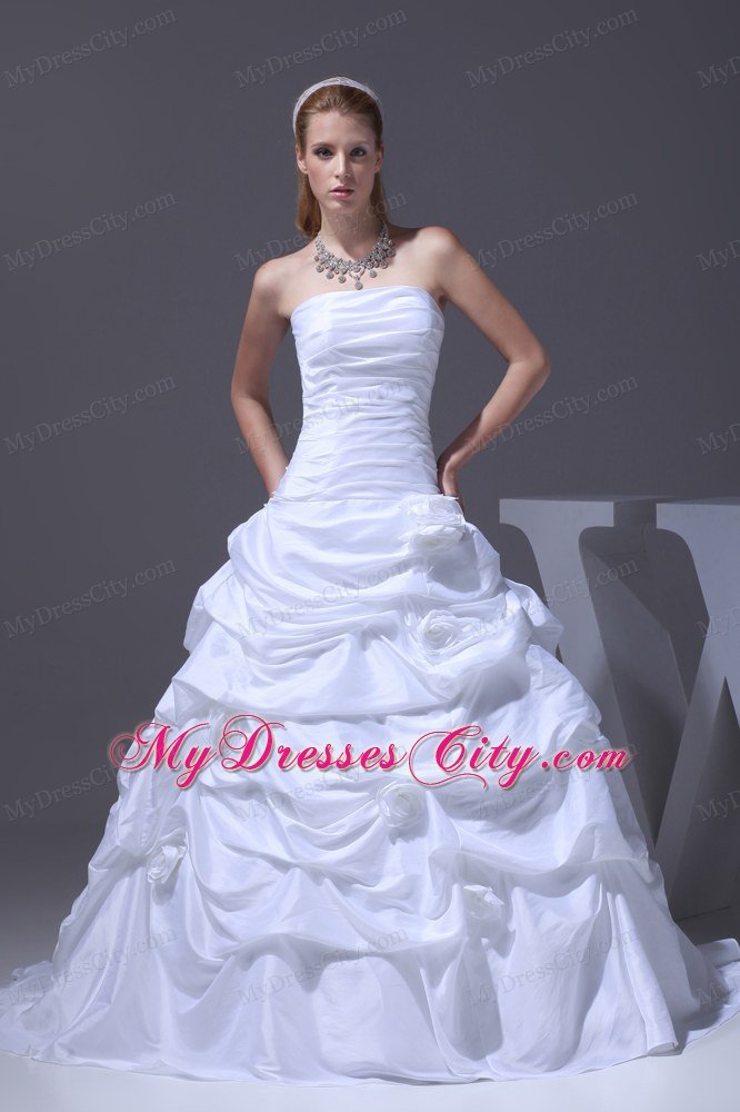 A-line Hand Made Flowers and Pick-ups Strapless Bridal Gown