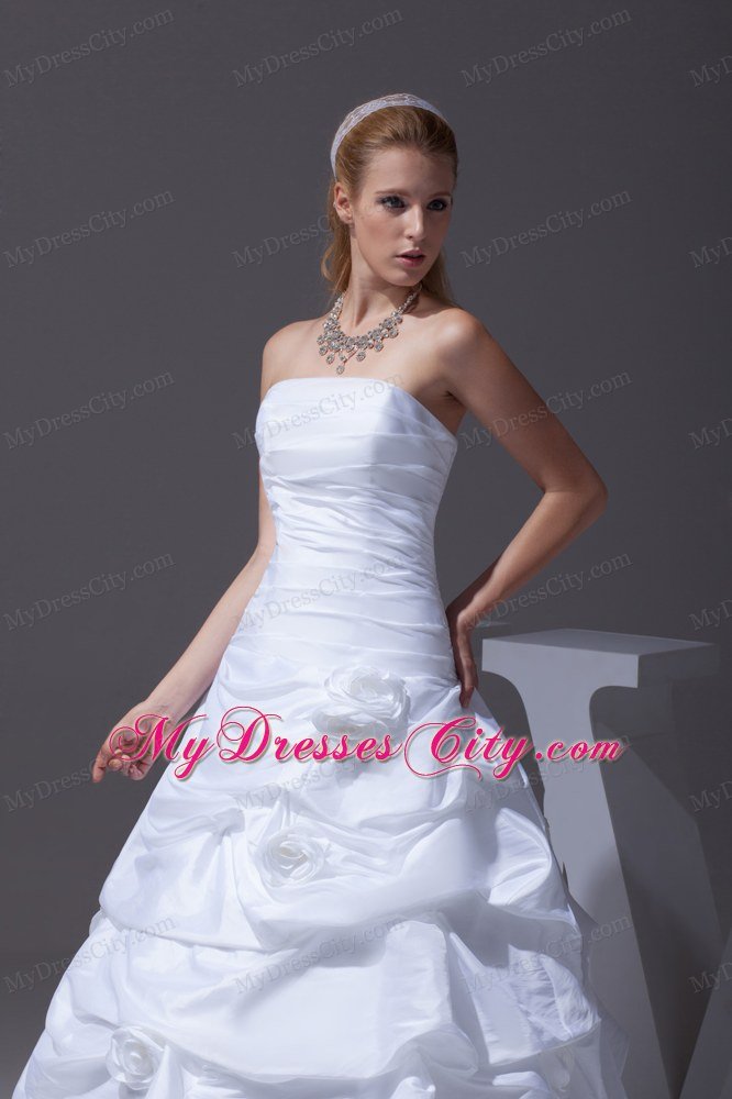 A-line Hand Made Flowers and Pick-ups Strapless Bridal Gown