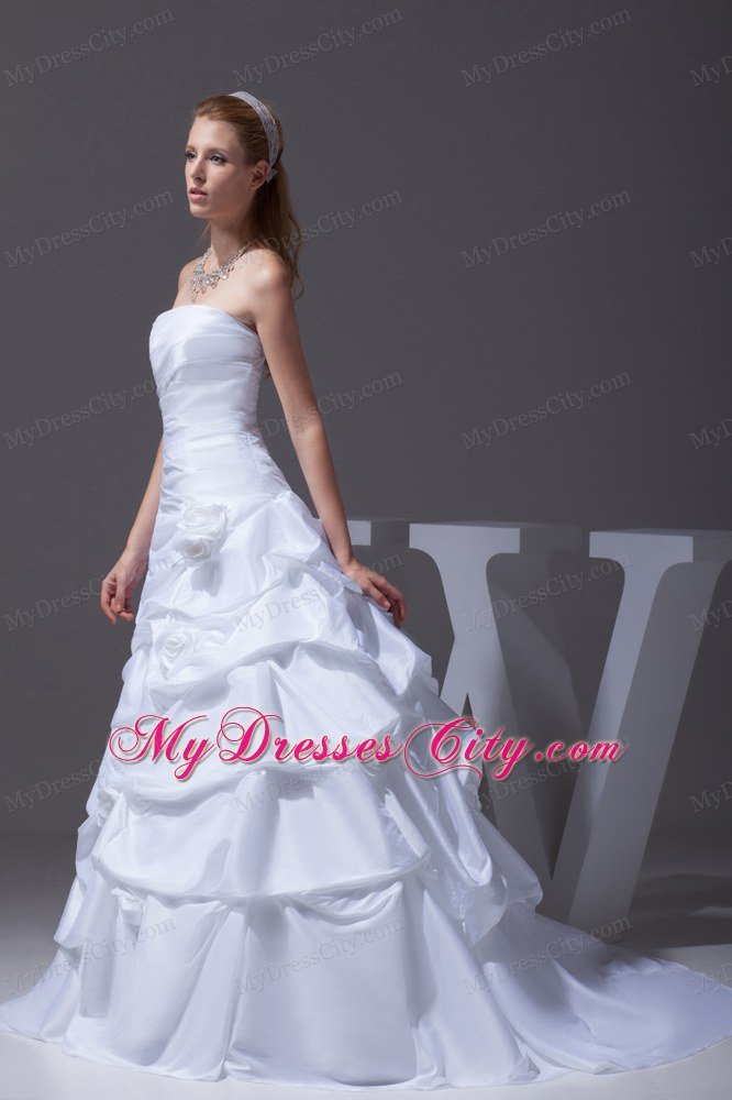 A-line Hand Made Flowers and Pick-ups Strapless Bridal Gown