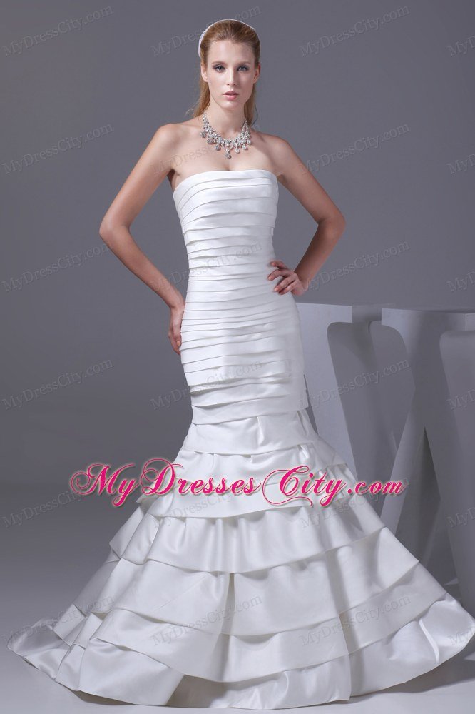 Luxurious Mermaid Strapless Satin Ruffled Layers Wedding Dress