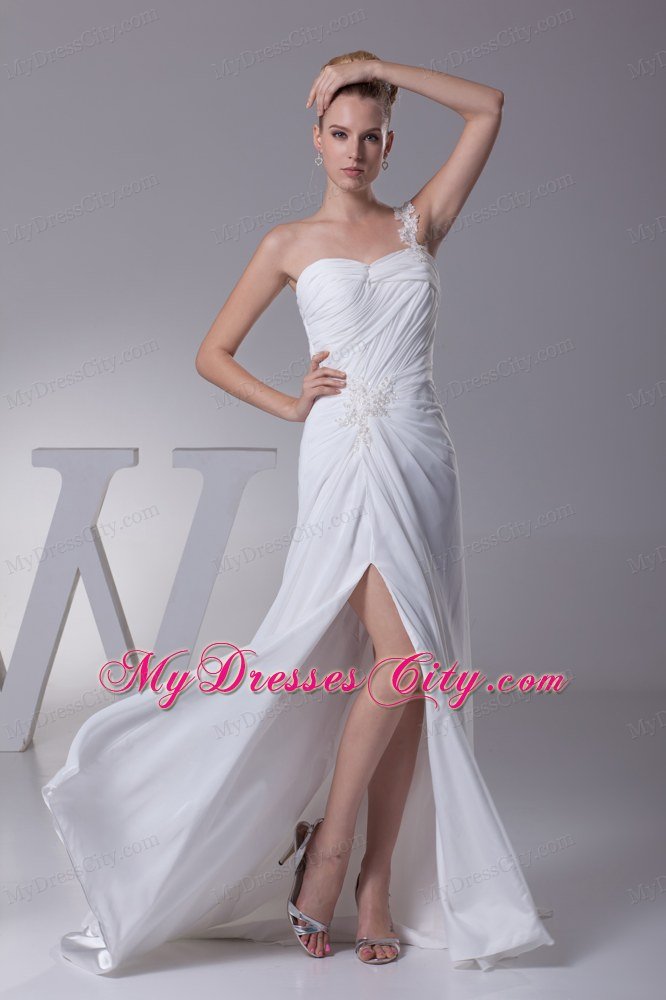 Flowery One Shoulder Appliques Chiffon High Slit Wedding Dress