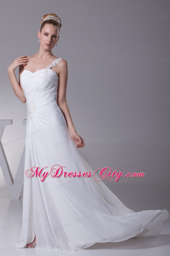 Flowery One Shoulder Appliques Chiffon High Slit Wedding Dress