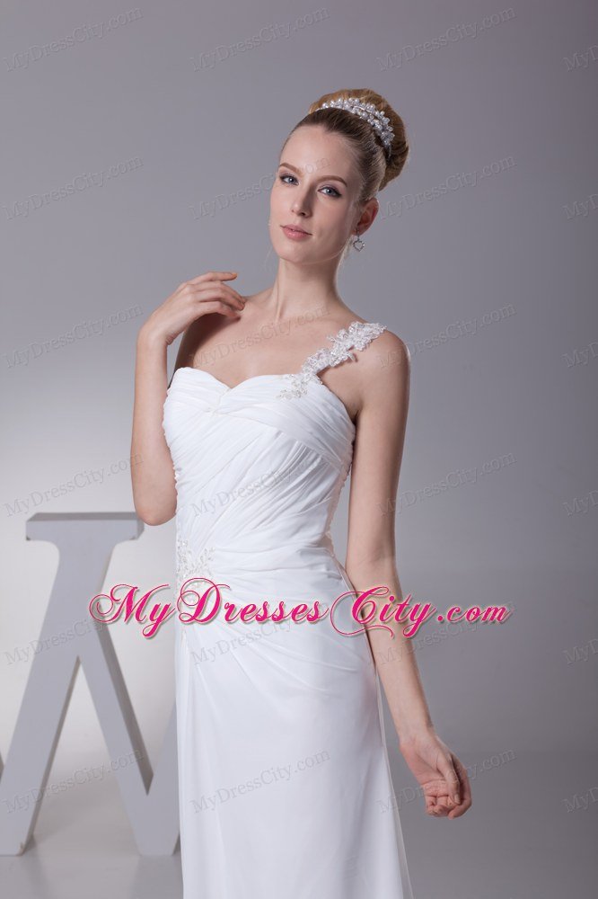 Flowery One Shoulder Appliques Chiffon High Slit Wedding Dress