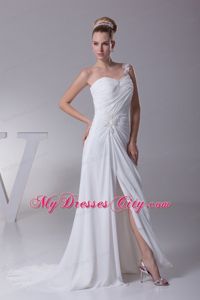 Flowery One Shoulder Appliques Chiffon High Slit Wedding Dress