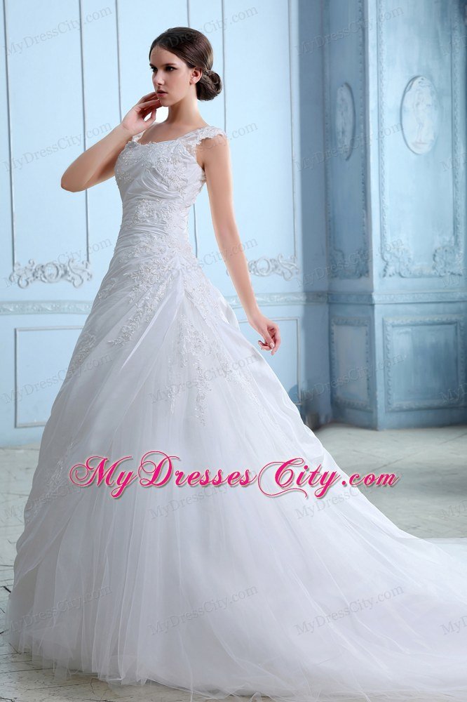 A-line Appliques Square Tulle Wedding Dress with Court Train