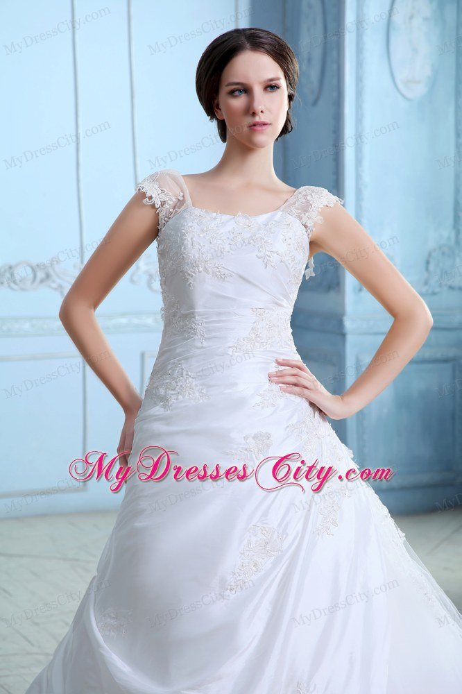 A-line Appliques Square Tulle Wedding Dress with Court Train