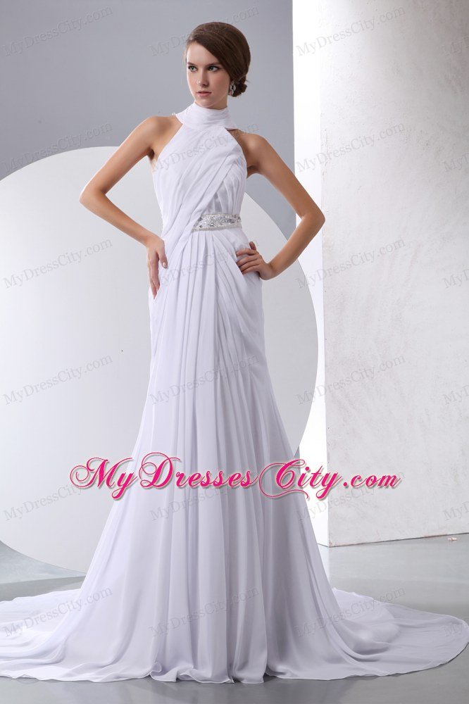 Beaded Decorate Waist Halter Chiffon Chapel Train Wedding Dress