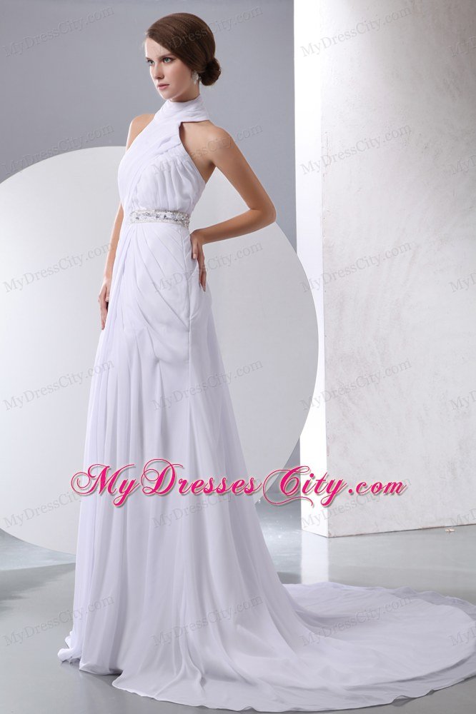 Beaded Decorate Waist Halter Chiffon Chapel Train Wedding Dress