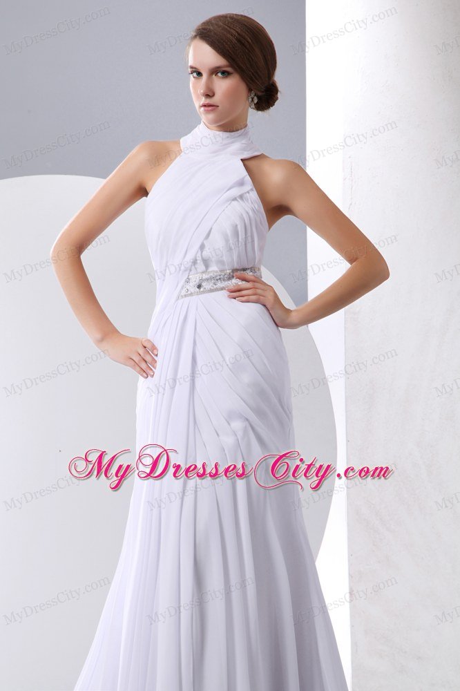 Beaded Decorate Waist Halter Chiffon Chapel Train Wedding Dress