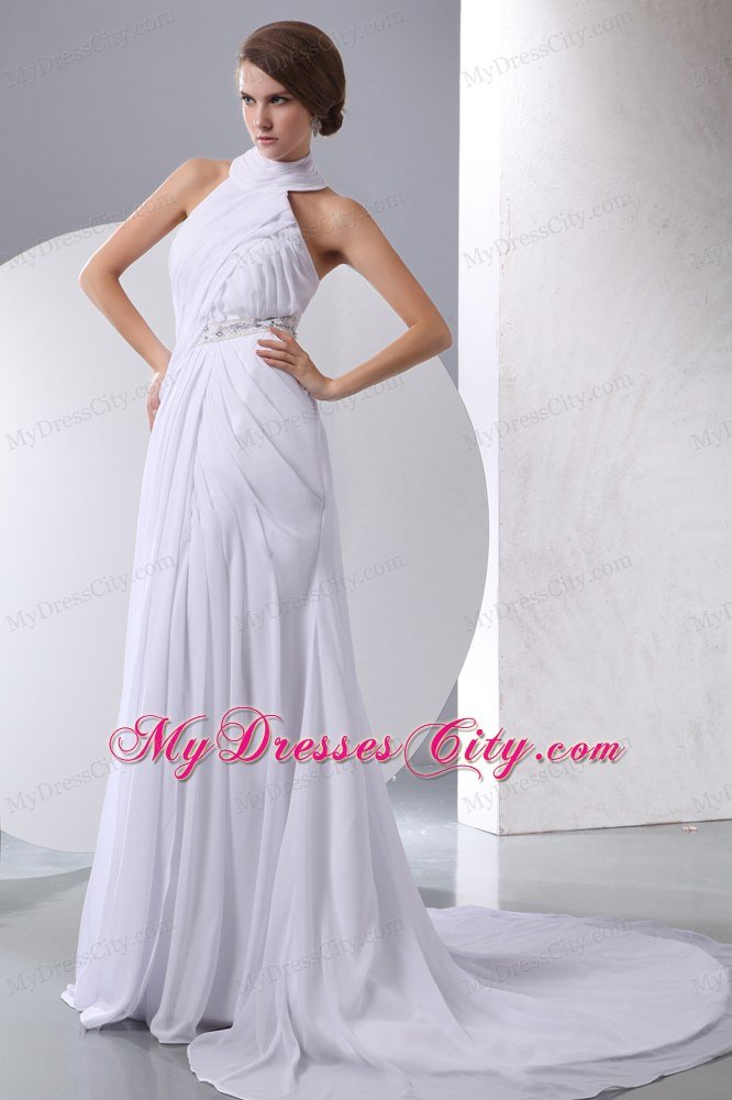 Beaded Decorate Waist Halter Chiffon Chapel Train Wedding Dress