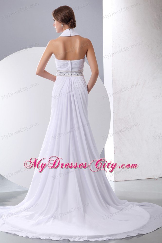 Beaded Decorate Waist Halter Chiffon Chapel Train Wedding Dress