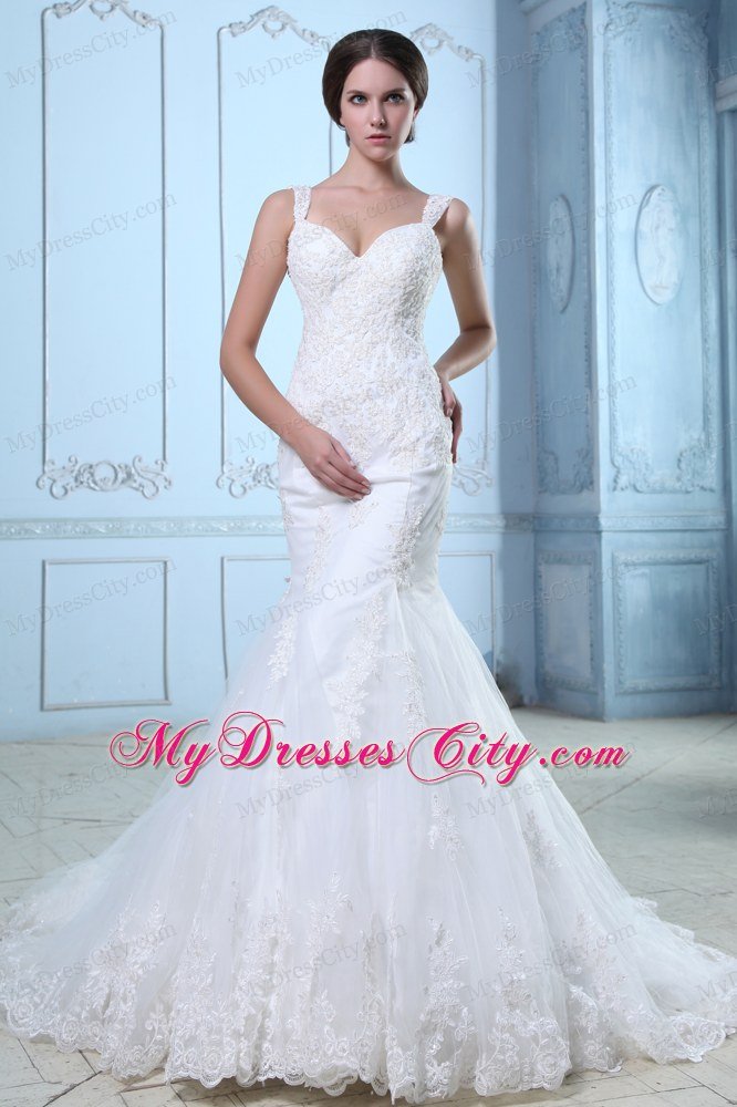 Mermaid Straps Organza and Lace Wedding Dress with Court Train