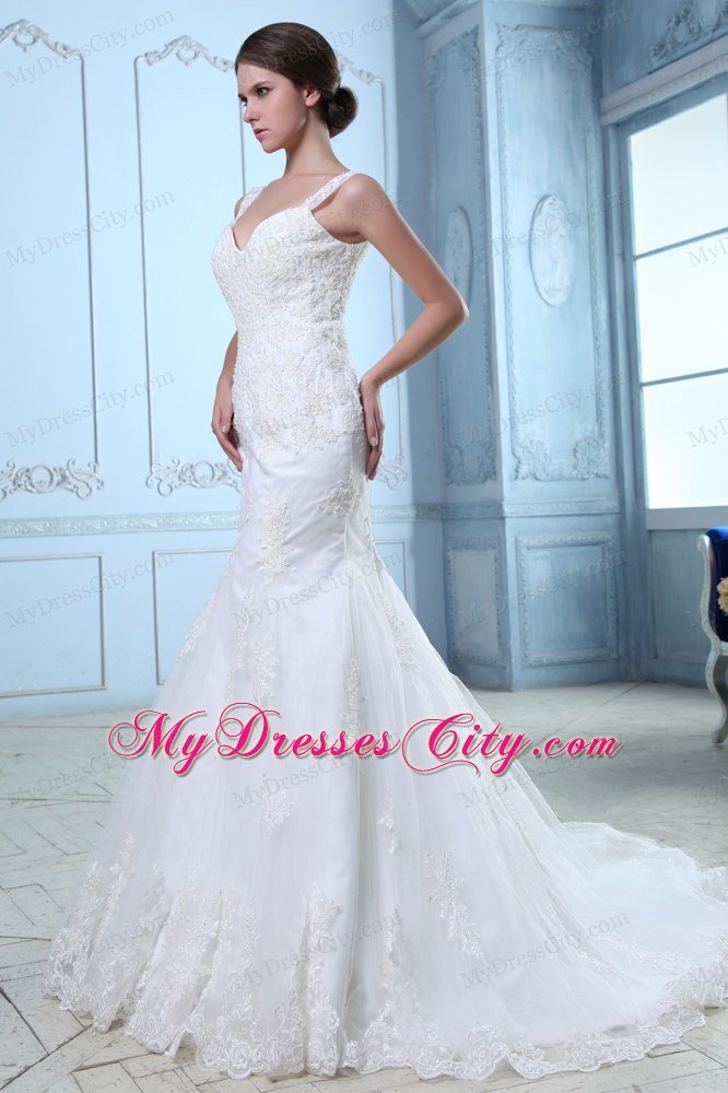 Mermaid Straps Organza and Lace Wedding Dress with Court Train