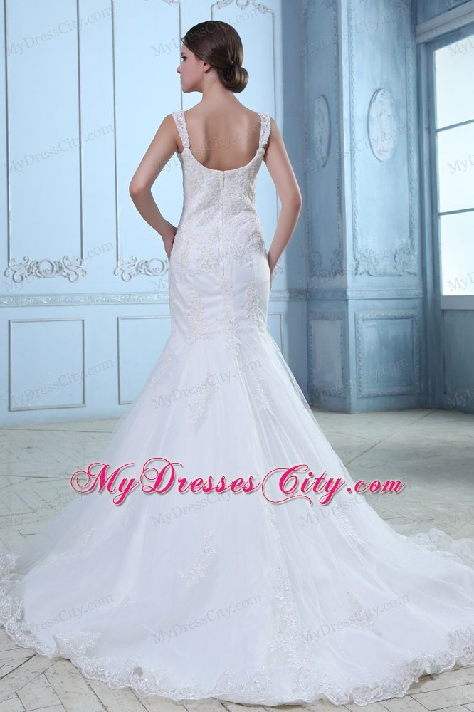 Mermaid Straps Organza and Lace Wedding Dress with Court Train