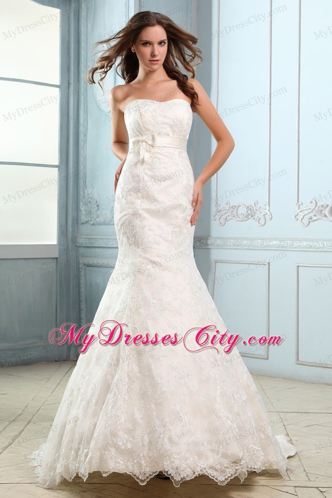 Mermaid Lace Covered Court Train Wedding Dress with Belt