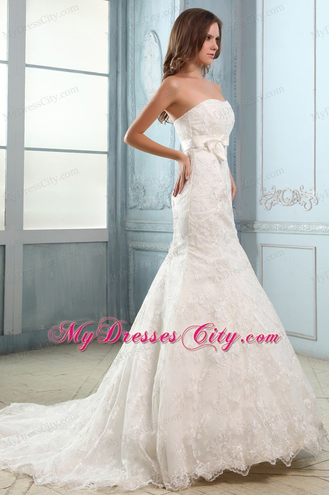 Mermaid Lace Covered Court Train Wedding Dress with Belt