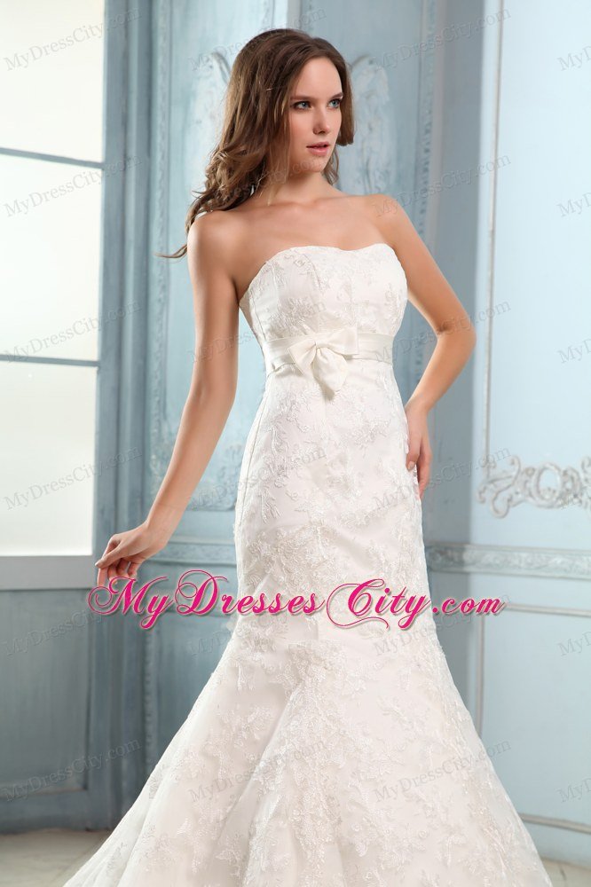 Mermaid Lace Covered Court Train Wedding Dress with Belt