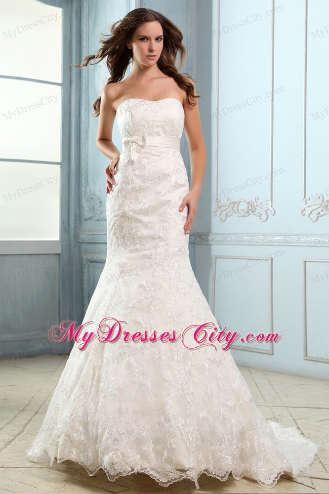 Mermaid Lace Covered Court Train Wedding Dress with Belt