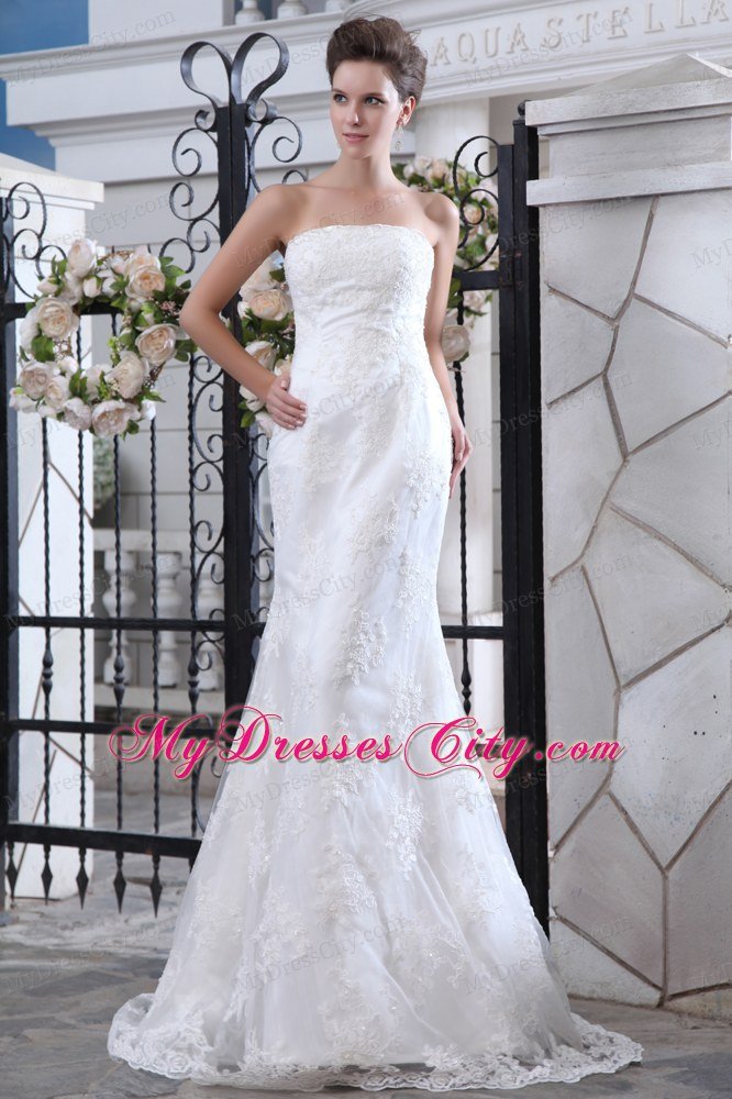 Fashion Mermaid Strapless Brush Train Satin Lace Wedding Dress