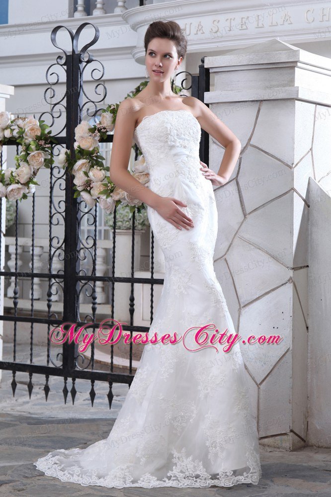 Fashion Mermaid Strapless Brush Train Satin Lace Wedding Dress