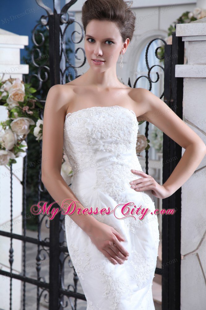 Fashion Mermaid Strapless Brush Train Satin Lace Wedding Dress