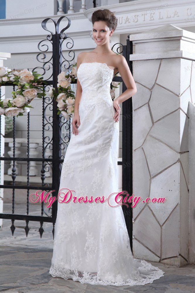 Fashion Mermaid Strapless Brush Train Satin Lace Wedding Dress