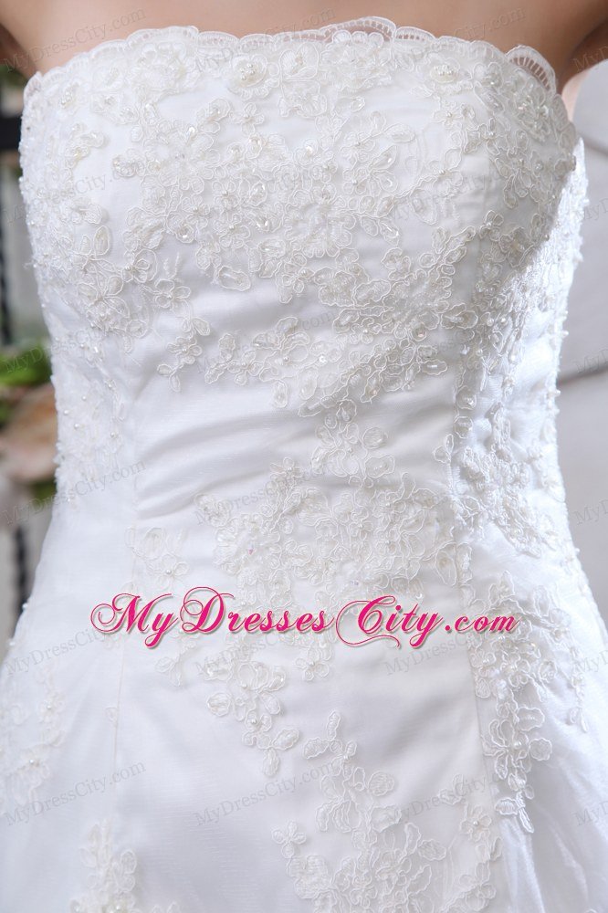 Fashion Mermaid Strapless Brush Train Satin Lace Wedding Dress