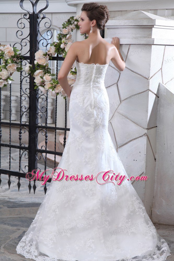 Fashion Mermaid Strapless Brush Train Satin Lace Wedding Dress