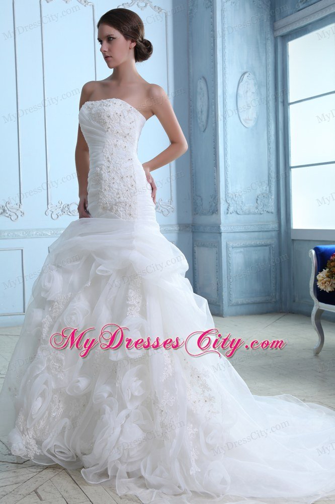 Mermaid Organza Appliques Wedding Dress with Rolling Flowers