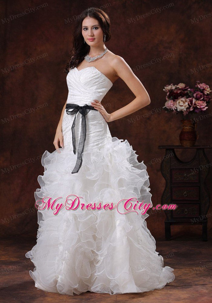 Sweetheart Ruffled Layers Long Wedding Dress with Black Sash