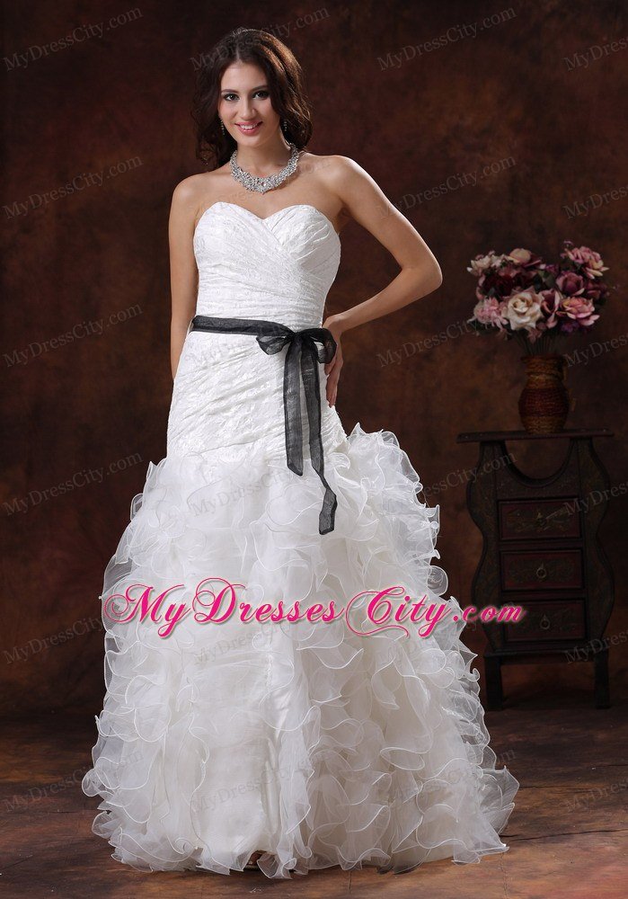 Sweetheart Ruffled Layers Long Wedding Dress with Black Sash