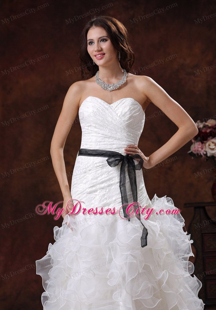 Sweetheart Ruffled Layers Long Wedding Dress with Black Sash