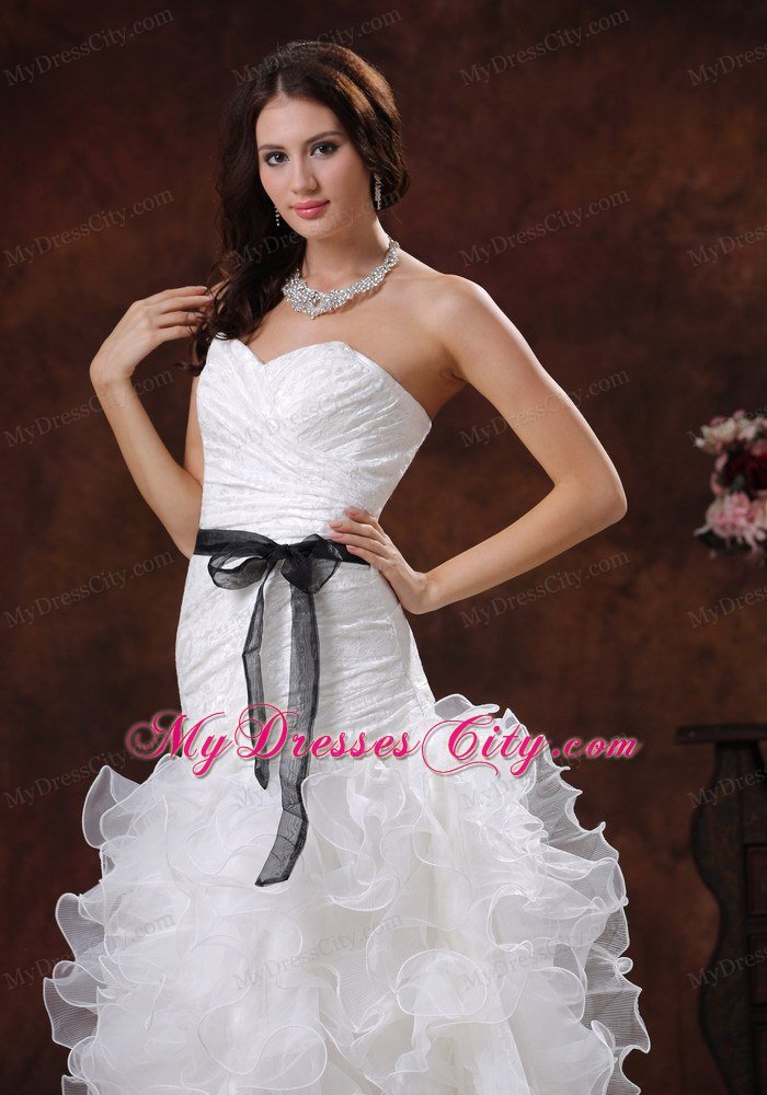 Sweetheart Ruffled Layers Long Wedding Dress with Black Sash