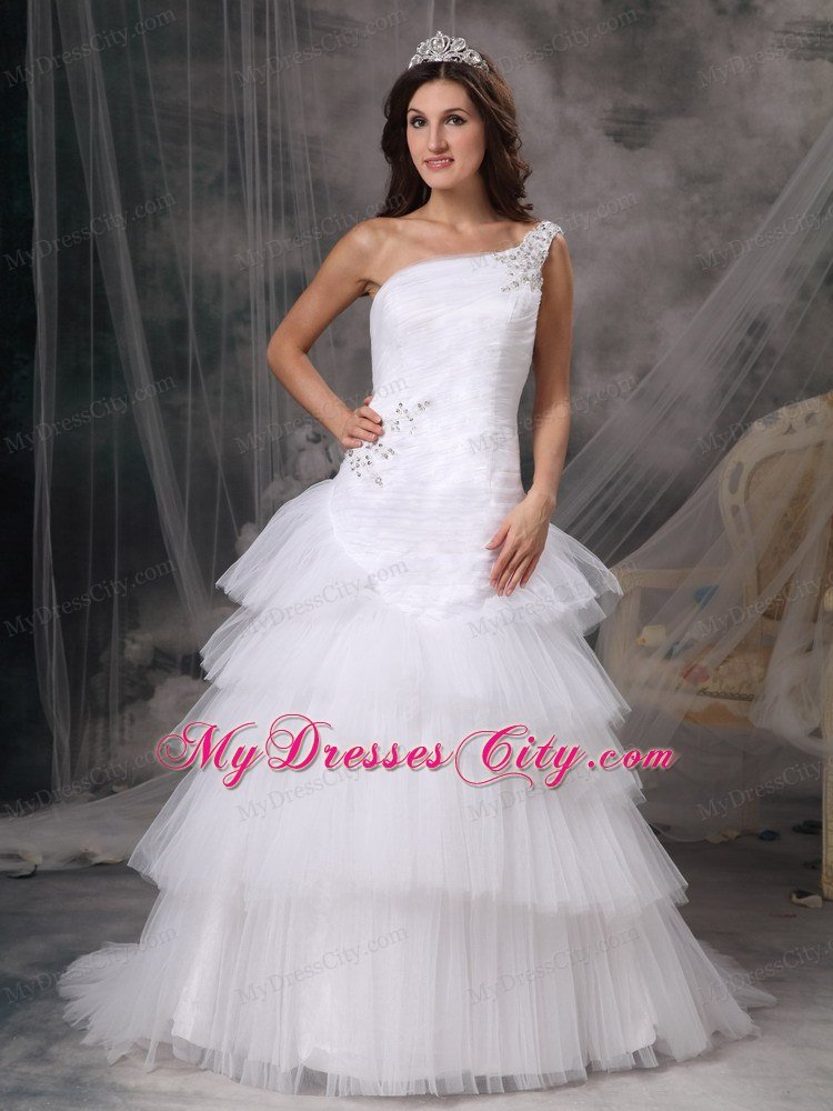 One Shoulder Tulle Beading and Ruffles Layered Wedding Dress