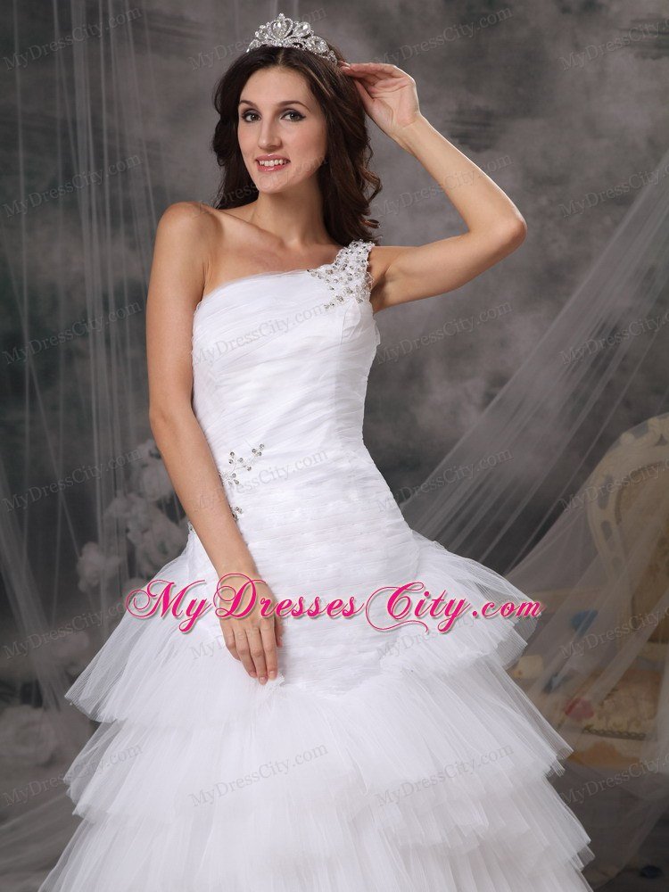 One Shoulder Tulle Beading and Ruffles Layered Wedding Dress