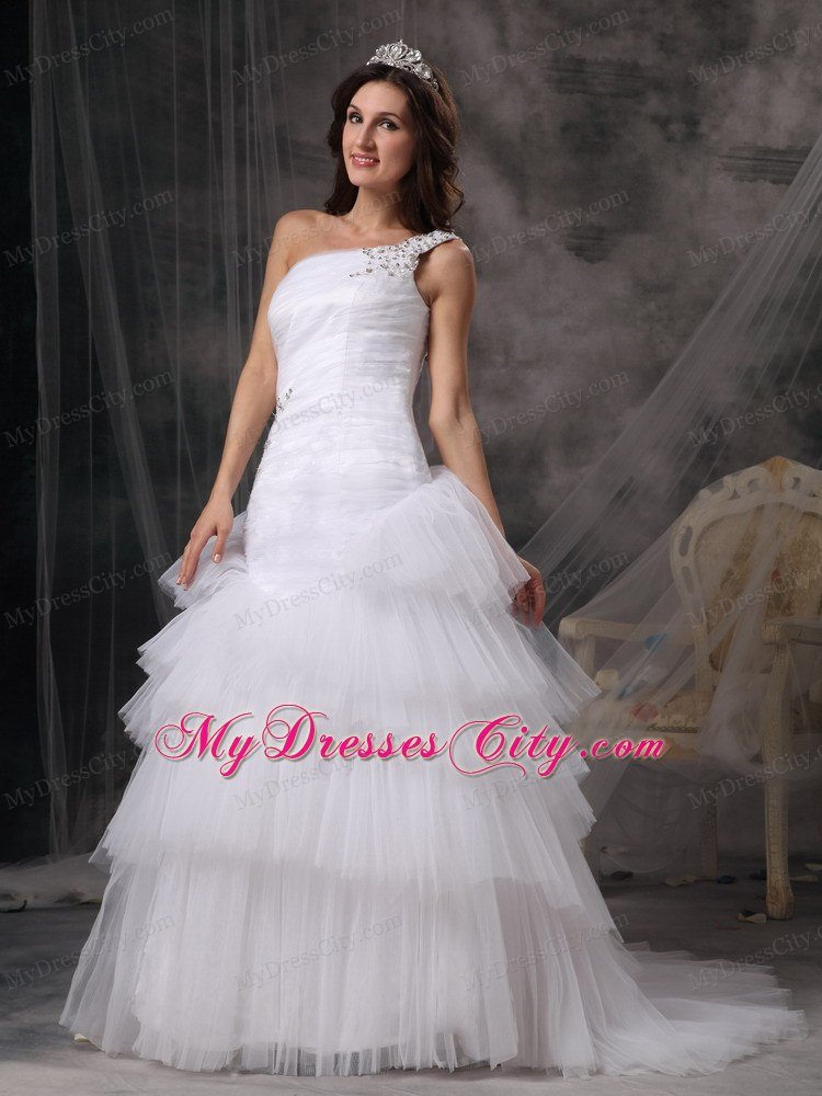 One Shoulder Tulle Beading and Ruffles Layered Wedding Dress