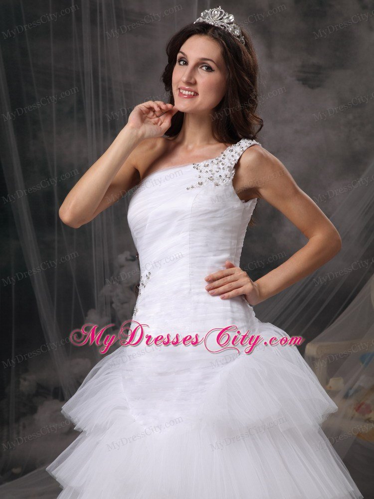 One Shoulder Tulle Beading and Ruffles Layered Wedding Dress