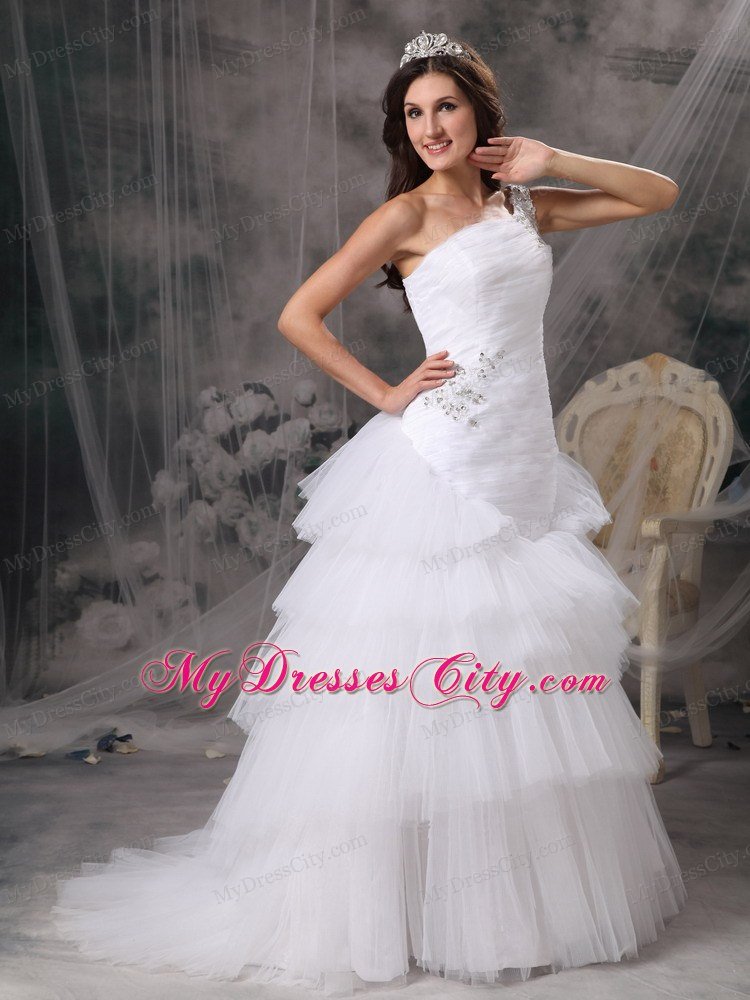 One Shoulder Tulle Beading and Ruffles Layered Wedding Dress