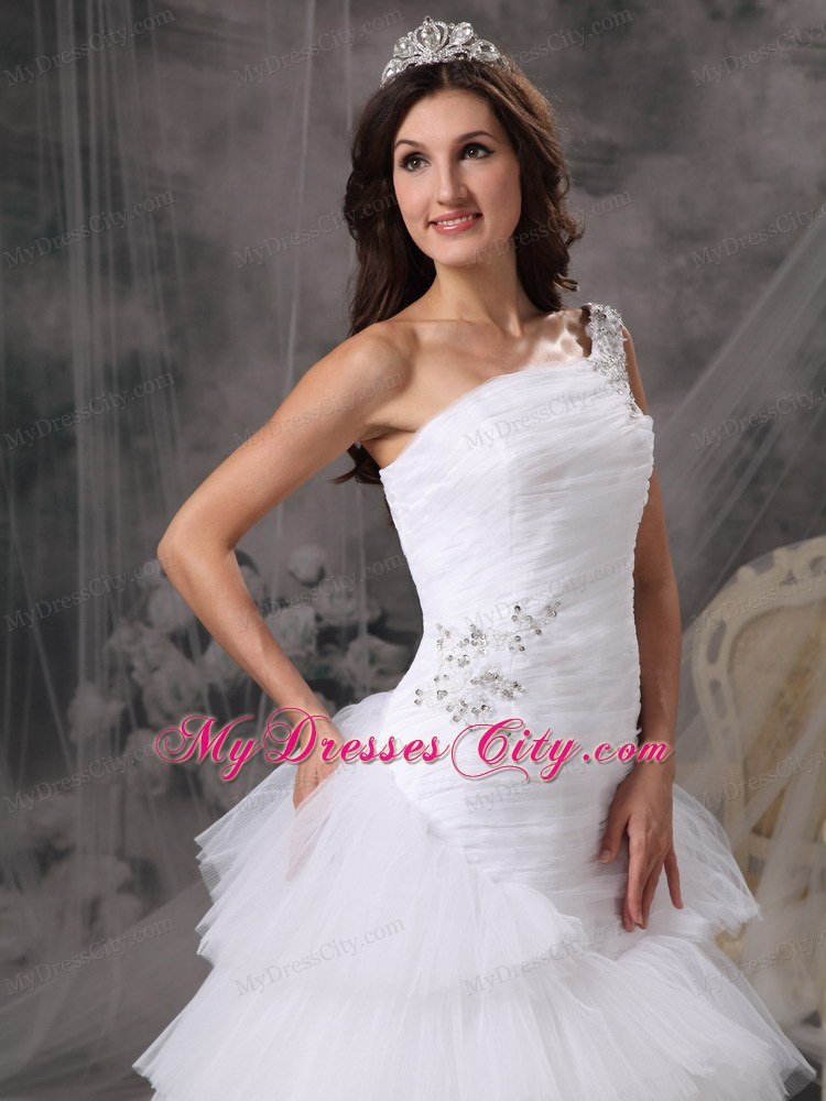 One Shoulder Tulle Beading and Ruffles Layered Wedding Dress