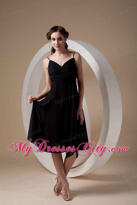 Spaghetti Straps Tea-length Chiffon Little Black Cocktail Dress