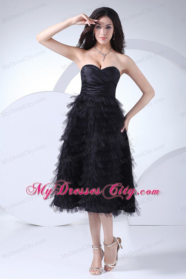 Tea-length Tulle Ruffled Layers Sweetheart Lil Black Dress